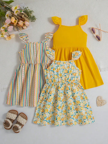 3pcs/Set Young Girls Sleeveless Square Neckline Cute Casual Cami Dress Set