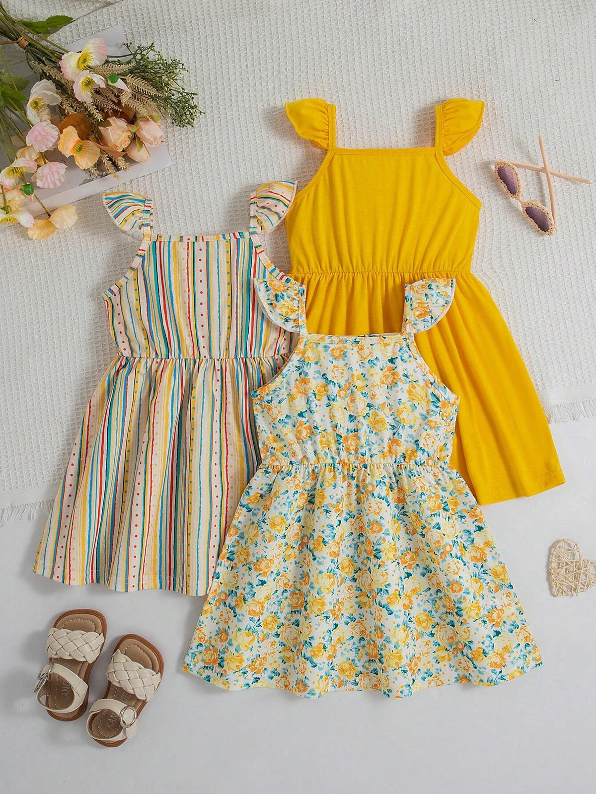 3pcs/Set Young Girls Sleeveless Square Neckline Cute Casual Cami Dress Set