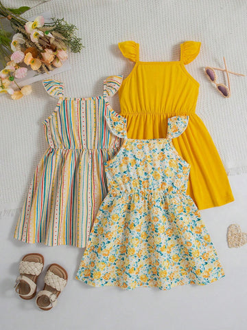 3pcs/Set Young Girls Sleeveless Square Neckline Cute Casual Cami Dress Set