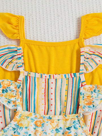 3pcs/Set Young Girls Sleeveless Square Neckline Cute Casual Cami Dress Set