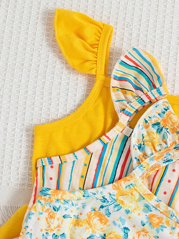 3pcs/Set Young Girls Sleeveless Square Neckline Cute Casual Cami Dress Set