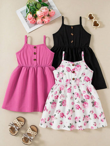 3pcs/Set Young Girls Suspender Fashion Floral Print & Solid Color Button Casual Dress Sets