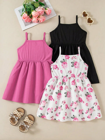 3pcs/Set Young Girls Suspender Fashion Floral Print & Solid Color Button Casual Dress Sets