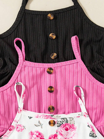 3pcs/Set Young Girls Suspender Fashion Floral Print & Solid Color Button Casual Dress Sets