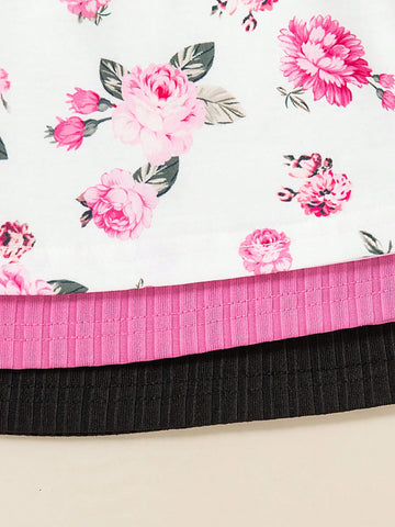 3pcs/Set Young Girls Suspender Fashion Floral Print & Solid Color Button Casual Dress Sets