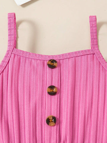 3pcs/Set Young Girls Suspender Fashion Floral Print & Solid Color Button Casual Dress Sets