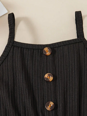 3pcs/Set Young Girls Suspender Fashion Floral Print & Solid Color Button Casual Dress Sets