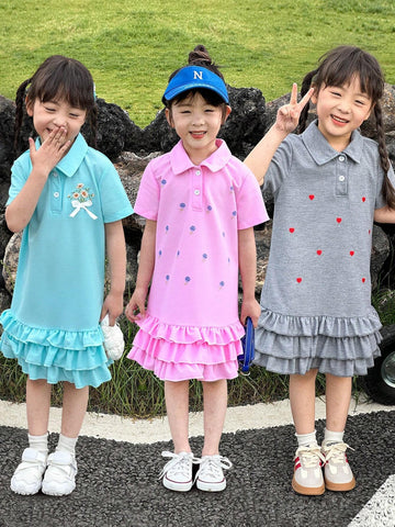 3pcs Casual Girls' Embroidered & Printed Collared Short Sleeve Dress Set