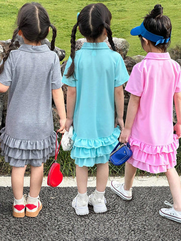 3pcs Casual Girls' Embroidered & Printed Collared Short Sleeve Dress Set