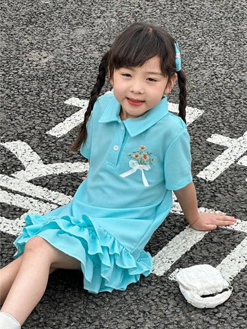 3pcs Casual Girls' Embroidered & Printed Collared Short Sleeve Dress Set