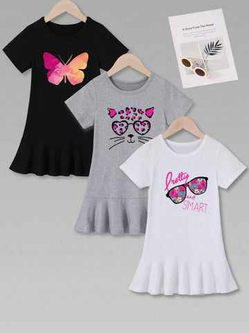 3pcs Casual Pencil Skirt & Short Sleeve Dress Set For Girls, Summer