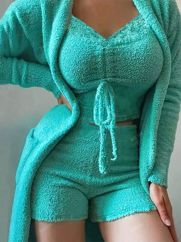 3pcs Casual Solid Color Fluffy Hoodie Cardigan, Cropped Tank Top & Shorts Set For Women