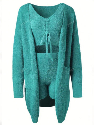 3pcs Casual Solid Color Fluffy Hoodie Cardigan, Cropped Tank Top & Shorts Set For Women