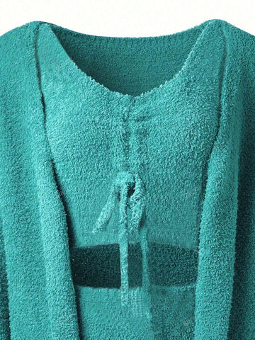 3pcs Casual Solid Color Fluffy Hoodie Cardigan, Cropped Tank Top & Shorts Set For Women