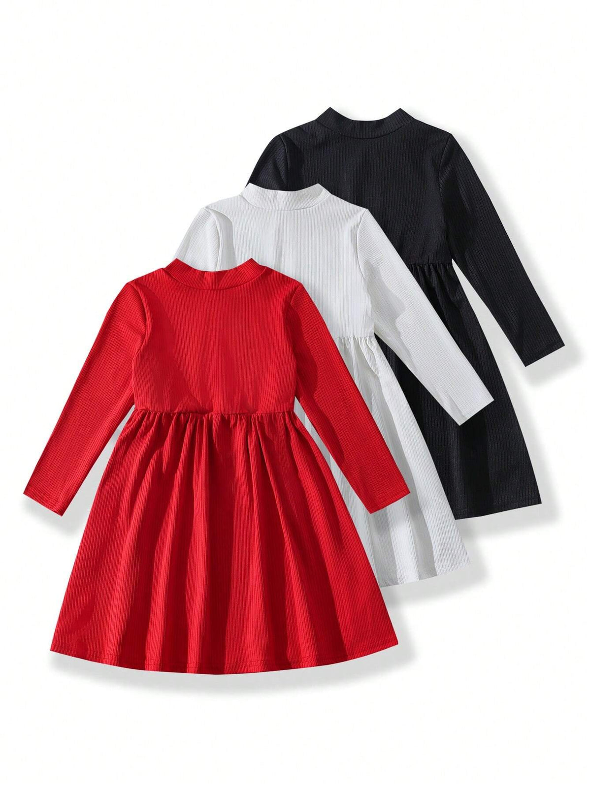 3pcs Girls Basic Ribbed Long Sleeve Casual Dress Sets. Suitable For Girls' Daily Casual Wear