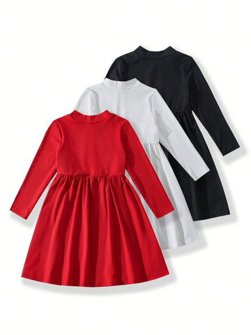 3pcs Girls Basic Ribbed Long Sleeve Casual Dress Sets. Suitable For Girls' Daily Casual Wear