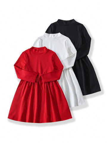 3pcs Girls Basic Ribbed Long Sleeve Casual Dress Sets. Suitable For Girls' Daily Casual Wear