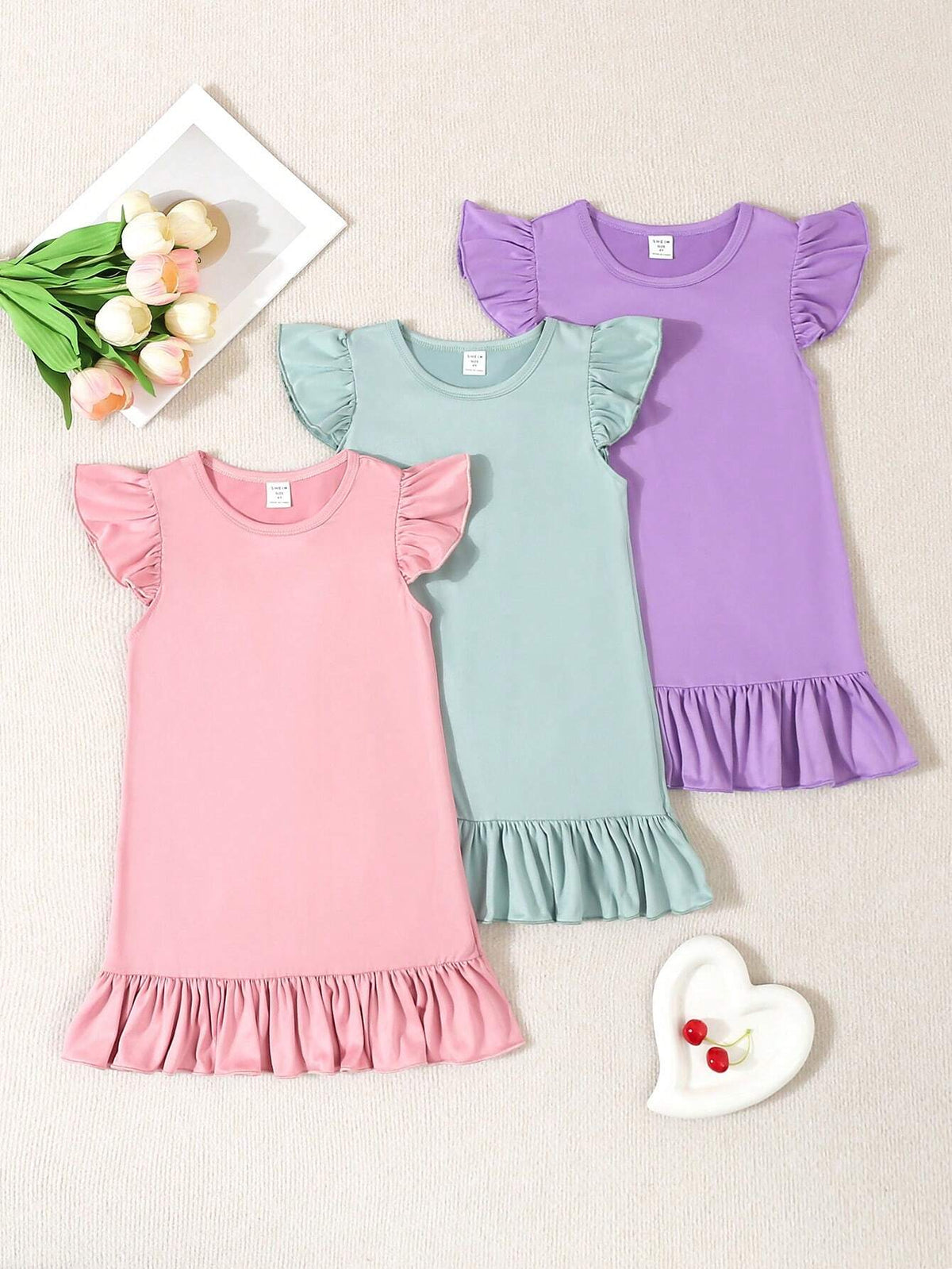 3pcs Girls' Casual Knit Cap Sleeve Dress Set, Solid Color, Summer