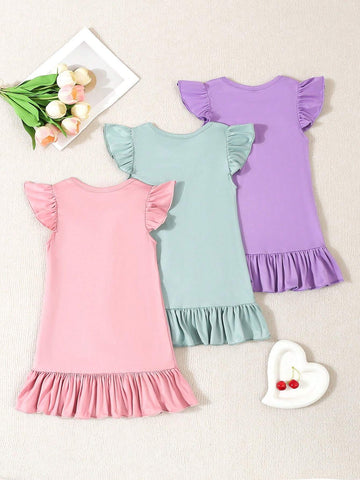 3pcs Girls' Casual Knit Cap Sleeve Dress Set, Solid Color, Summer