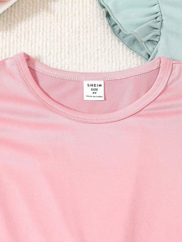 3pcs Girls' Casual Knit Cap Sleeve Dress Set, Solid Color, Summer