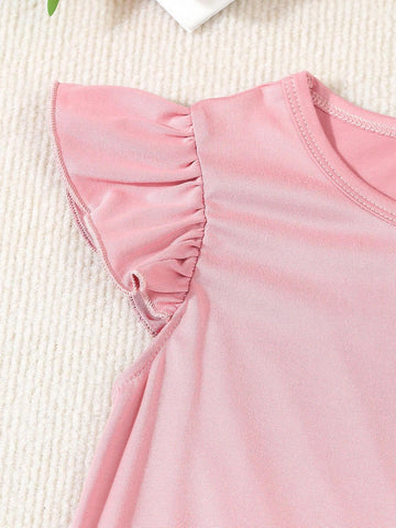 3pcs Girls' Casual Knit Cap Sleeve Dress Set, Solid Color, Summer