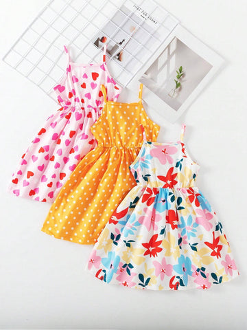 3pcs Girls' Casual Random Printed Sling Dress Set, Summer