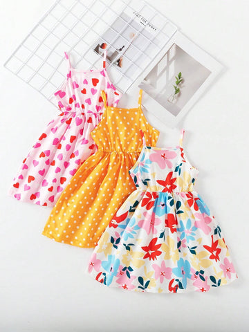 3pcs Girls' Casual Random Printed Sling Dress Set, Summer