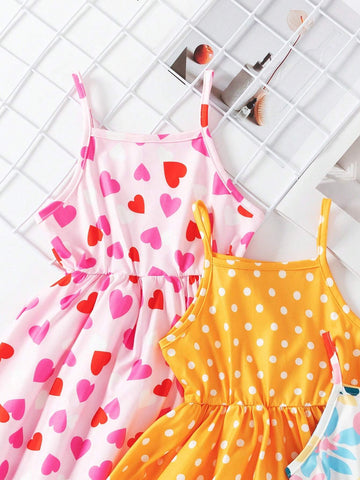3pcs Girls' Casual Random Printed Sling Dress Set, Summer