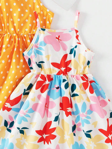 3pcs Girls' Casual Random Printed Sling Dress Set, Summer