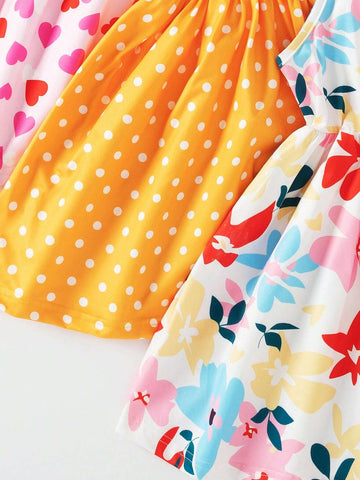 3pcs Girls' Casual Random Printed Sling Dress Set, Summer