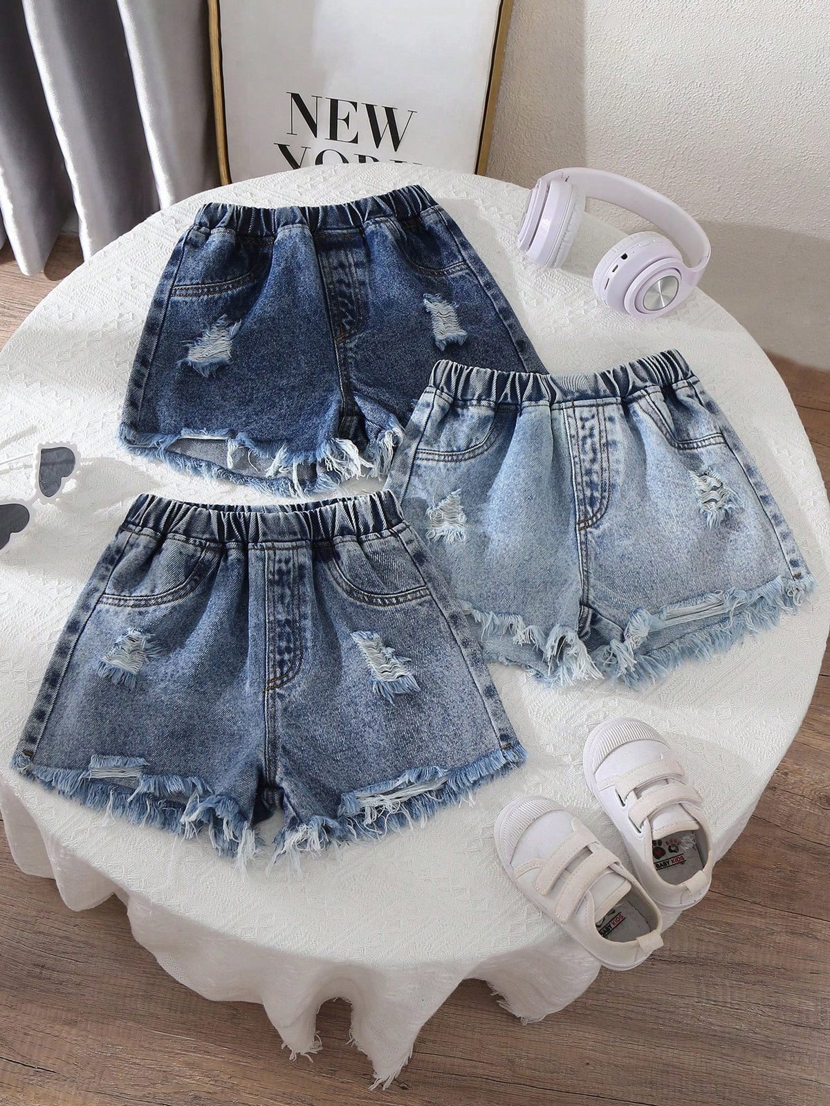 3pcs Girls Classic 3-Color Denim Shorts, Comfortable Outdoor Fashion
