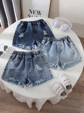 3pcs Girls Classic 3-Color Denim Shorts, Comfortable Outdoor Fashion