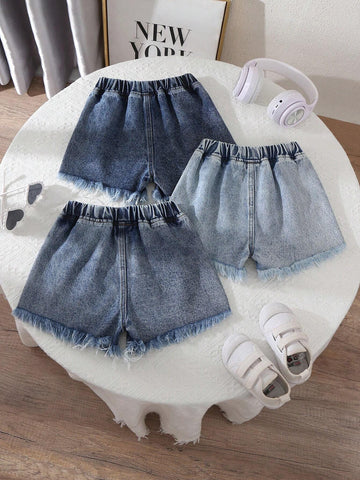 3pcs Girls Classic 3-Color Denim Shorts, Comfortable Outdoor Fashion