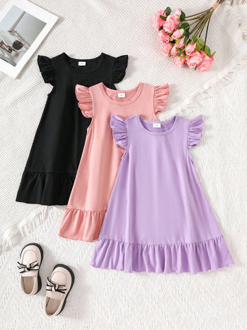 3pcs Girls Colorful Cap Sleeve Dress Sets