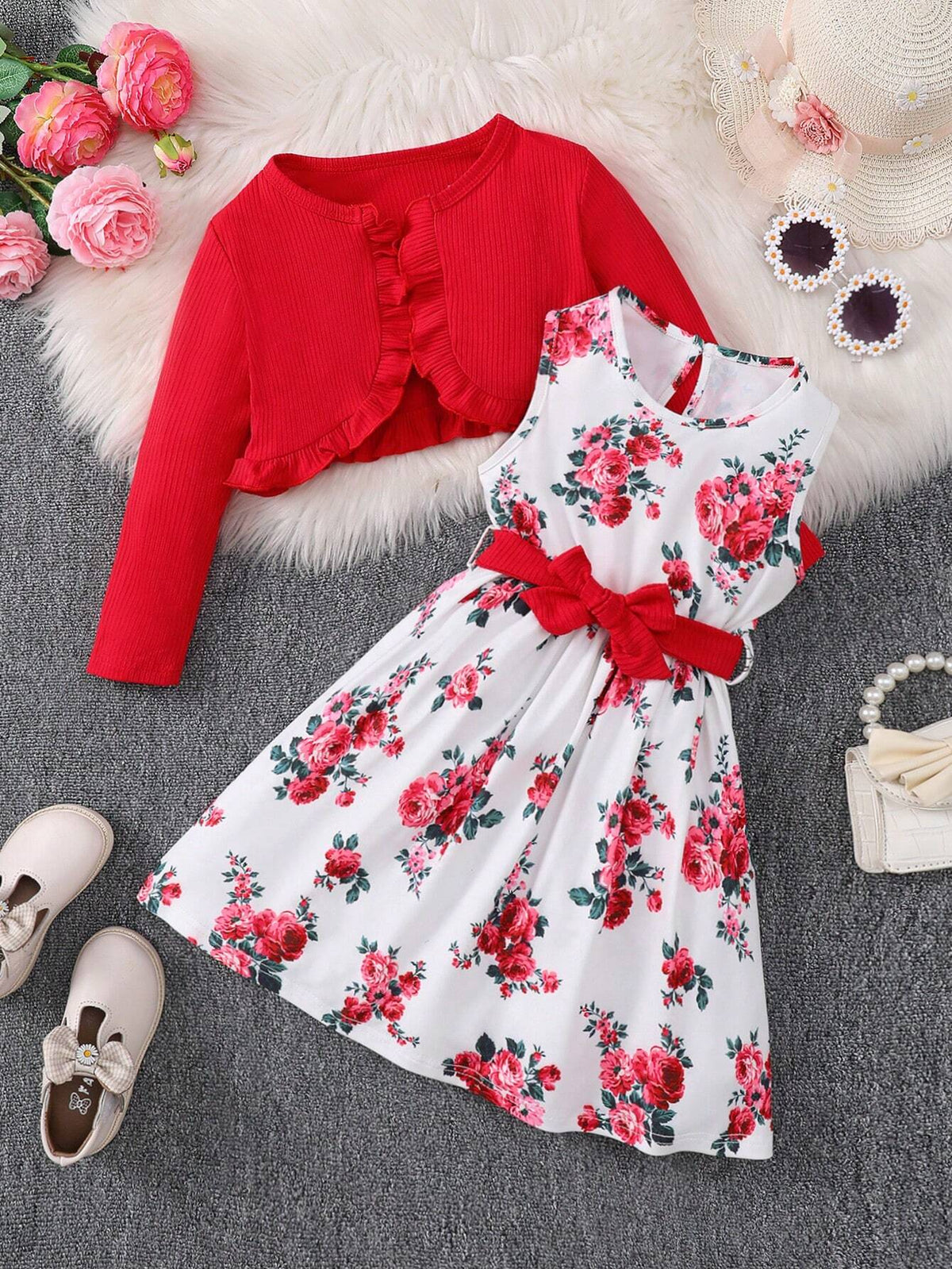 3pcs Girls' Fashionable Casual Cute Style Plaid Wrinkled Hem Lace Long Sleeve Shirt + Floral Printed Dress With Belt Set, Perfect For Outings And Leisure