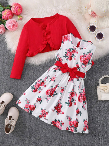3pcs Girls' Fashionable Casual Cute Style Plaid Wrinkled Hem Lace Long Sleeve Shirt + Floral Printed Dress With Belt Set, Perfect For Outings And Leisure