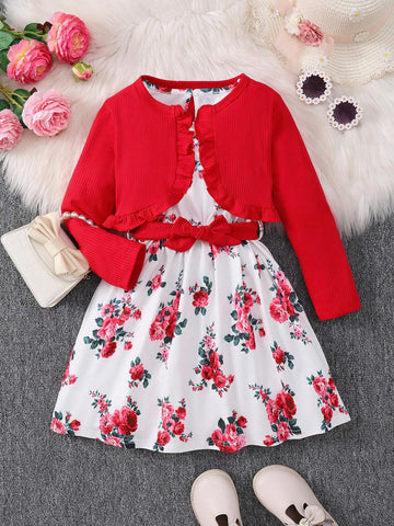 3pcs Girls' Fashionable Casual Cute Style Plaid Wrinkled Hem Lace Long Sleeve Shirt + Floral Printed Dress With Belt Set, Perfect For Outings And Leisure