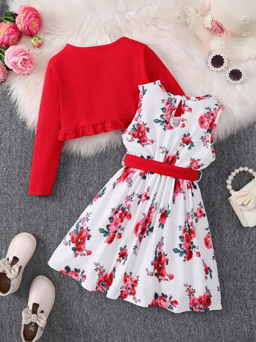 3pcs Girls' Fashionable Casual Cute Style Plaid Wrinkled Hem Lace Long Sleeve Shirt + Floral Printed Dress With Belt Set, Perfect For Outings And Leisure