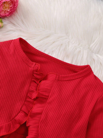 3pcs Girls' Fashionable Casual Cute Style Plaid Wrinkled Hem Lace Long Sleeve Shirt + Floral Printed Dress With Belt Set, Perfect For Outings And Leisure