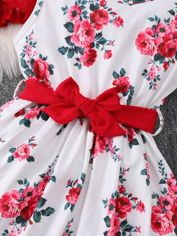 3pcs Girls' Fashionable Casual Cute Style Plaid Wrinkled Hem Lace Long Sleeve Shirt + Floral Printed Dress With Belt Set, Perfect For Outings And Leisure