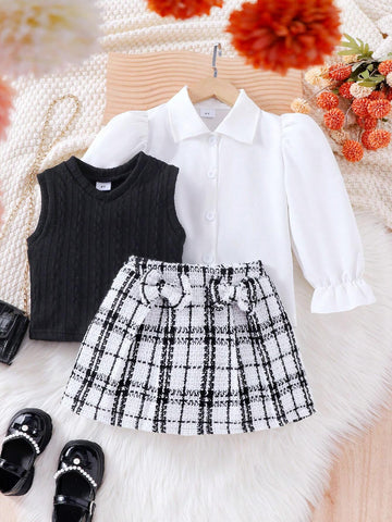 3pcs Girls' Fashionable Long Sleeve Shirt, Sleeveless Vest, Houndstooth Skirt Set For Spring And Autumn