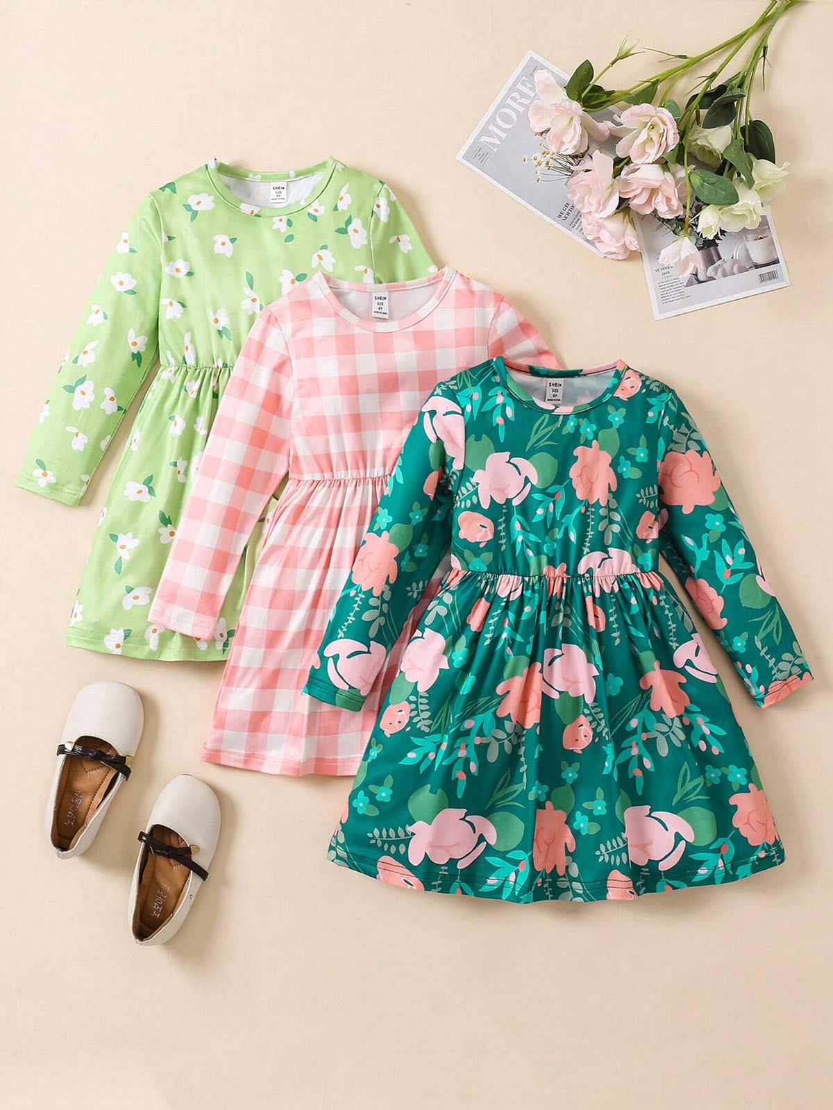 3pcs Girls Floral Print Long Sleeve Round Neck Casual Dress
