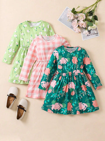 3pcs Girls Floral Print Long Sleeve Round Neck Casual Dress