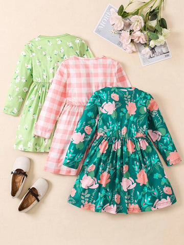 3pcs Girls Floral Print Long Sleeve Round Neck Casual Dress