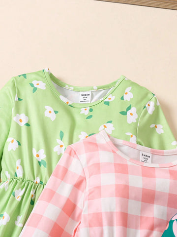 3pcs Girls Floral Print Long Sleeve Round Neck Casual Dress