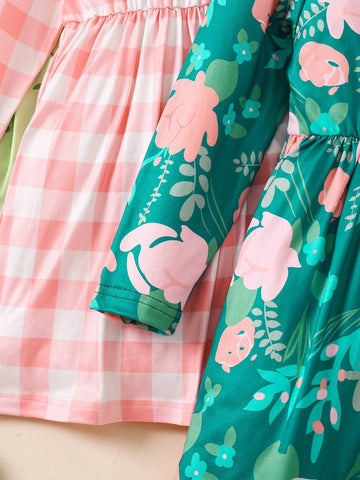 3pcs Girls Floral Print Long Sleeve Round Neck Casual Dress