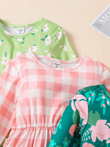 3pcs Girls Floral Print Long Sleeve Round Neck Casual Dress
