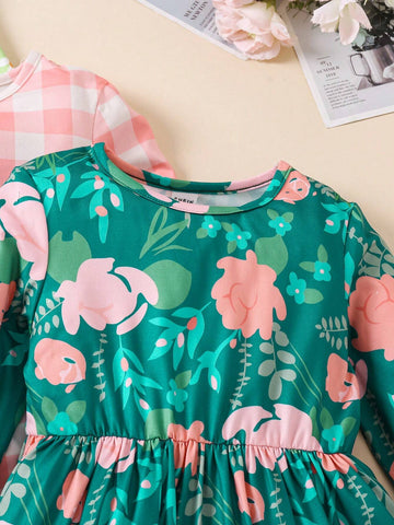 3pcs Girls Floral Print Long Sleeve Round Neck Casual Dress