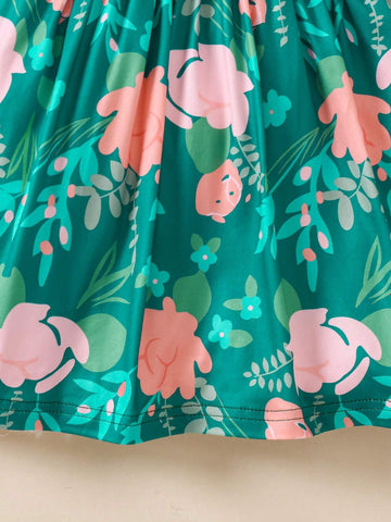 3pcs Girls Floral Print Long Sleeve Round Neck Casual Dress