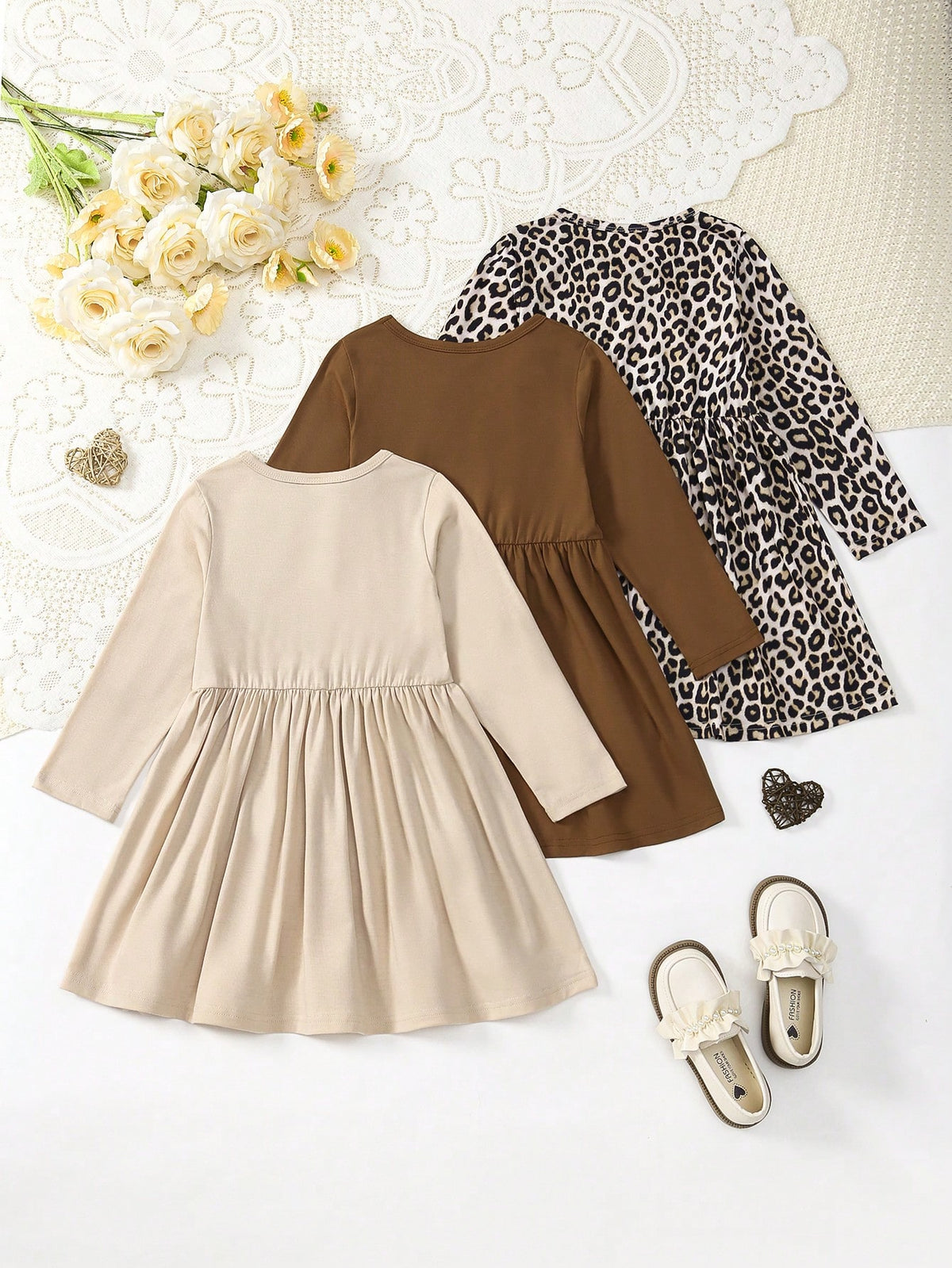 3pcs Girls Heart Print Knit Long Sleeve Pullover Sweater And Dress Set, For Spring/Autumn